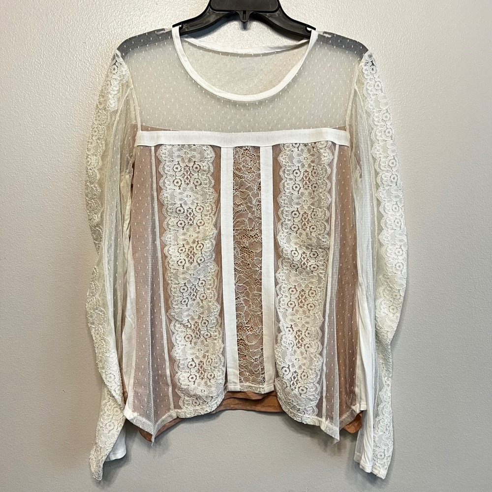 BCBGMAXAZRIA Addyson Lace Mesh Long Sleeve Top Off White Size M UEX1U069-101